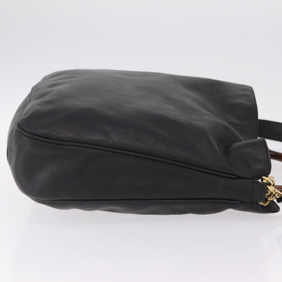 GUCCI Bamboo Hand Bag Leather Black Gold Tone 001 123 1577 Auth mr3072A