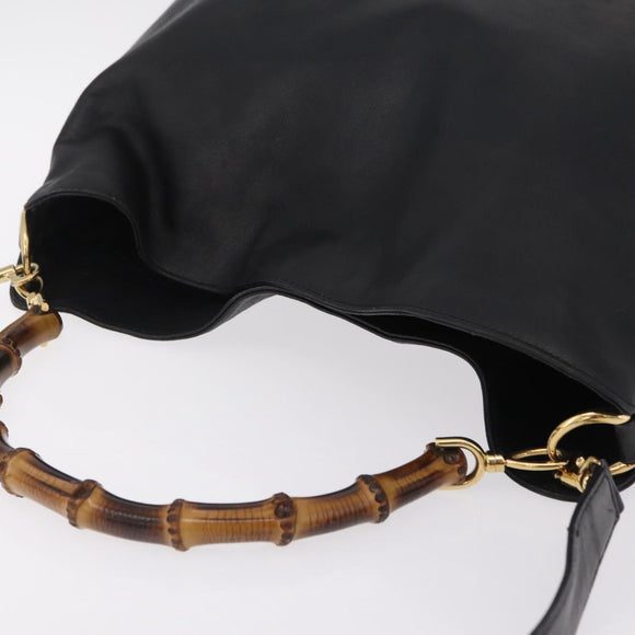 GUCCI Bamboo Hand Bag Leather Black Gold Tone 001 123 1577 Auth mr3072A