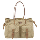 PRADA Tote Bag Nylon Beige Silver Auth mr3103A-13