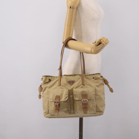 PRADA Tote Bag Nylon Beige Silver Auth mr3103A