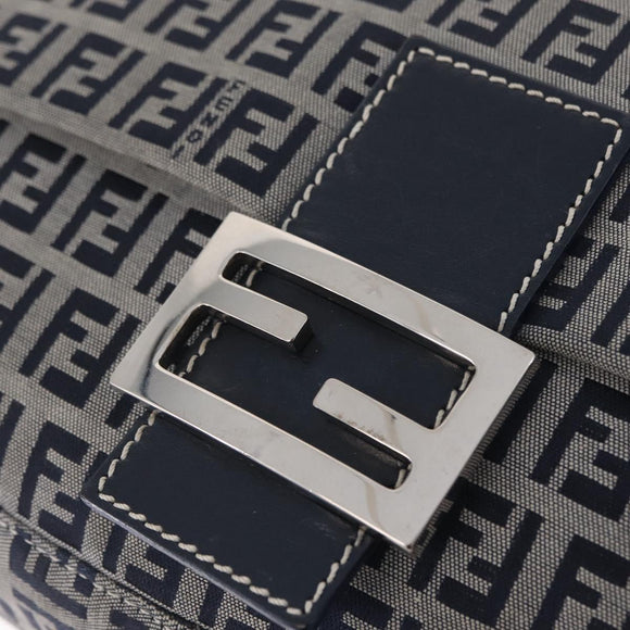 FENDI Zucchino Canvas Mamma Baguette Shoulder Bag Navy Silver Auth mr3148V