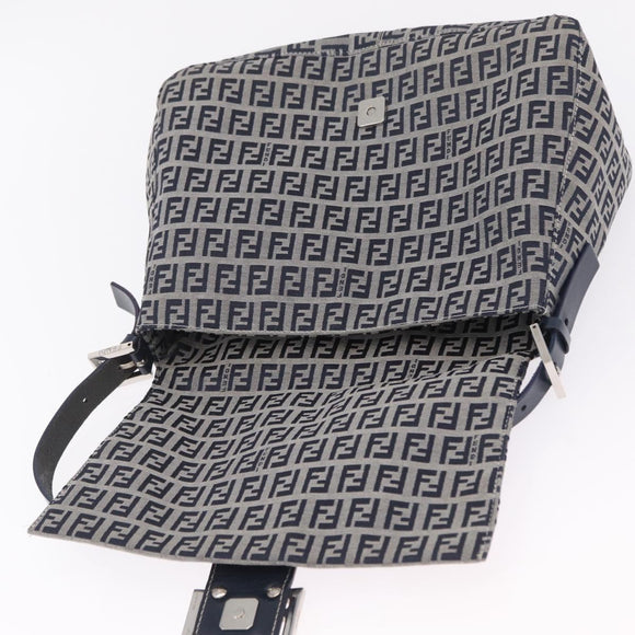 FENDI Zucchino Canvas Mamma Baguette Shoulder Bag Navy Silver Auth mr3148V