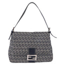 FENDI Zucchino Canvas Mamma Baguette Shoulder Bag Navy Silver Auth mr3148V-2