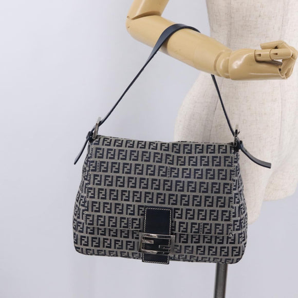 FENDI Zucchino Canvas Mamma Baguette Shoulder Bag Navy Silver Auth mr3148V