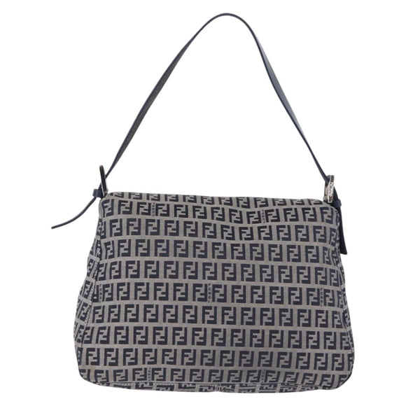 FENDI Zucchino Canvas Mamma Baguette Shoulder Bag Navy Silver Auth mr3148V
