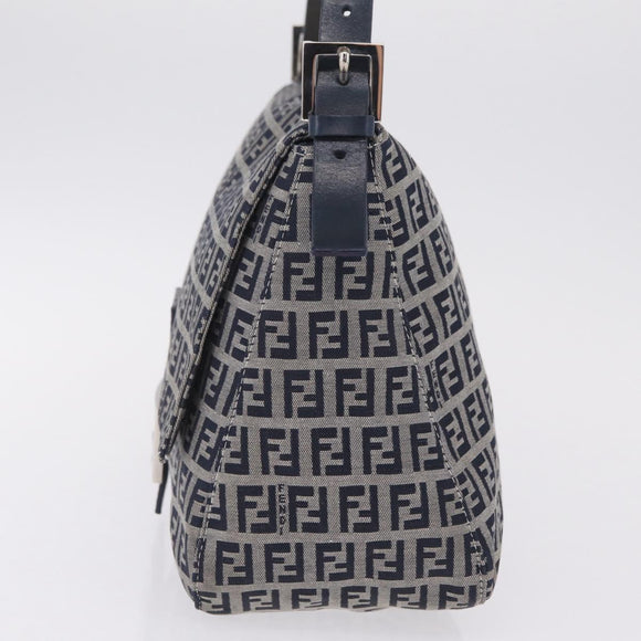FENDI Zucchino Canvas Mamma Baguette Shoulder Bag Navy Silver Auth mr3148V