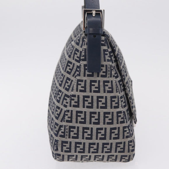 FENDI Zucchino Canvas Mamma Baguette Shoulder Bag Navy Silver Auth mr3148V