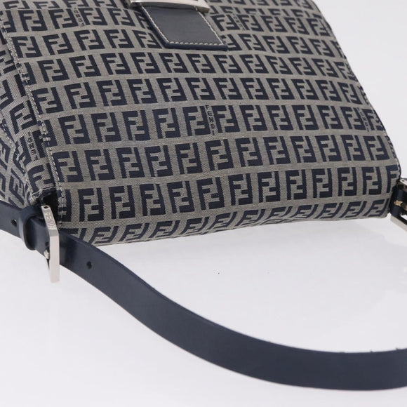 FENDI Zucchino Canvas Mamma Baguette Shoulder Bag Navy Silver Auth mr3148V
