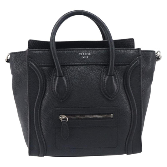 CELINE Luggage Nano Shopper Hand Bag Leather 2way Black Silver Auth mr3149V