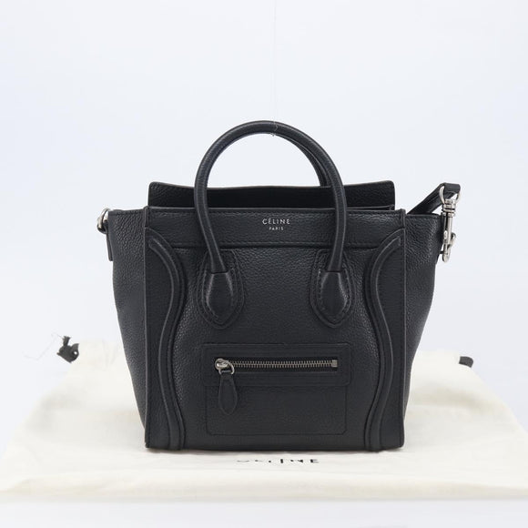 CELINE Luggage Nano Shopper Hand Bag Leather 2way Black Silver Auth mr3149V