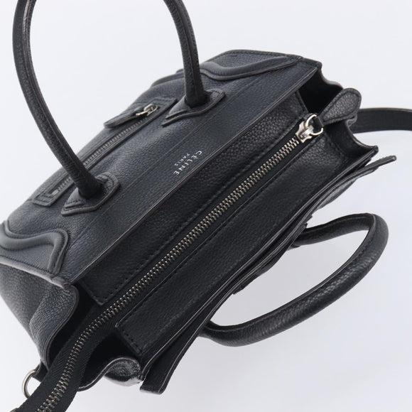 CELINE Luggage Nano Shopper Hand Bag Leather 2way Black Silver Auth mr3149V