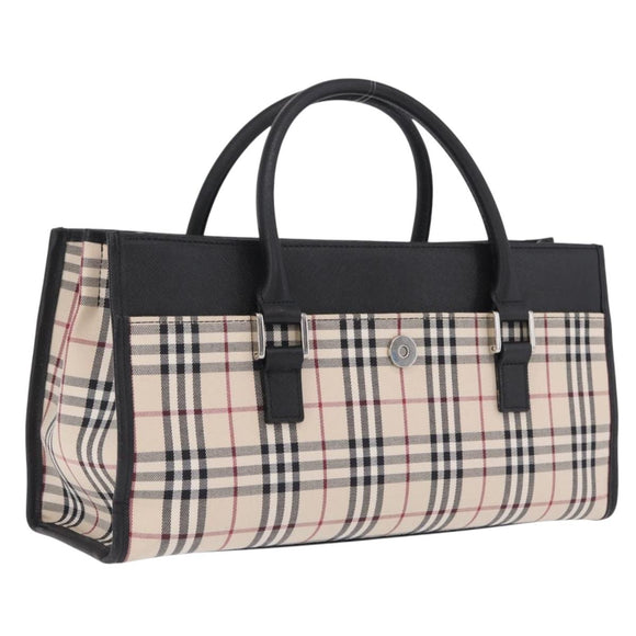 BURBERRY Nova Check Hand Bag Canvas Beige Silver Auth mr3151