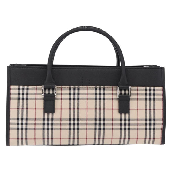 BURBERRY Nova Check Hand Bag Canvas Beige Silver Auth mr3151