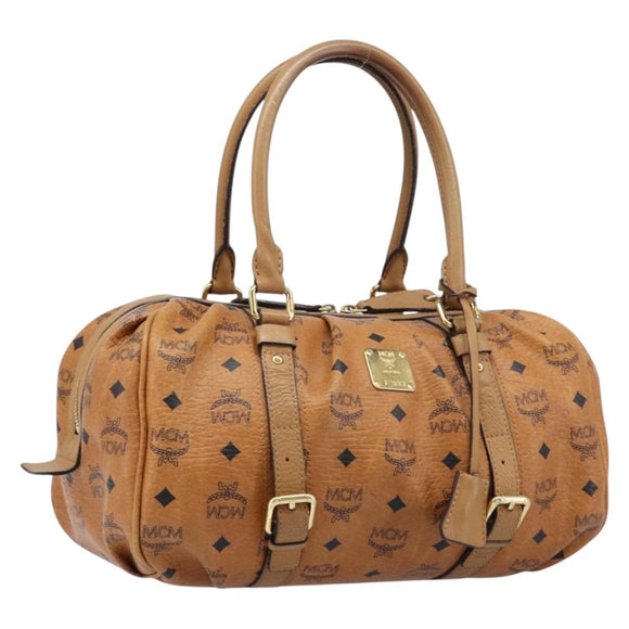 MCM Vicetos Logogram Boston Bag PVC Leather Brown Gold Auth mr3152A