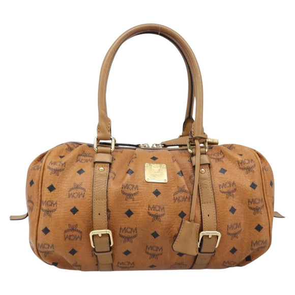 MCM Vicetos Logogram Boston Bag PVC Leather Brown Gold Auth mr3152A