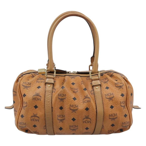 MCM Vicetos Logogram Boston Bag PVC Leather Brown Gold Auth mr3152A