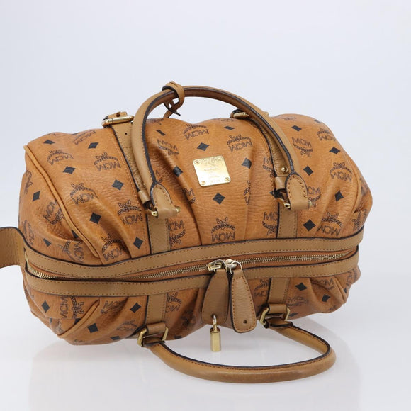 MCM Vicetos Logogram Boston Bag PVC Leather Brown Gold Auth mr3152A