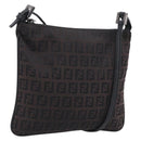 FENDI Zucchino Canvas Shoulder Bag Dark Brown Silver Auth mr3155-1