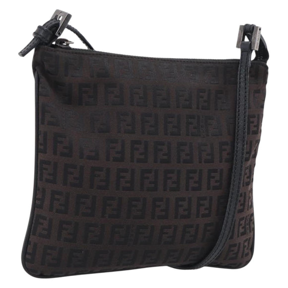 FENDI Zucchino Canvas Shoulder Bag Dark Brown Silver Auth mr3155