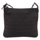 FENDI Zucchino Canvas Shoulder Bag Dark Brown Silver Auth mr3155-2
