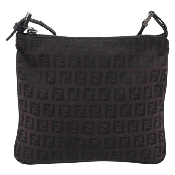FENDI Zucchino Canvas Shoulder Bag Dark Brown Silver Auth mr3155