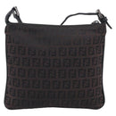 FENDI Zucchino Canvas Shoulder Bag Dark Brown Silver Auth mr3155-3