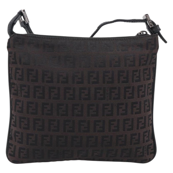 FENDI Zucchino Canvas Shoulder Bag Dark Brown Silver Auth mr3155