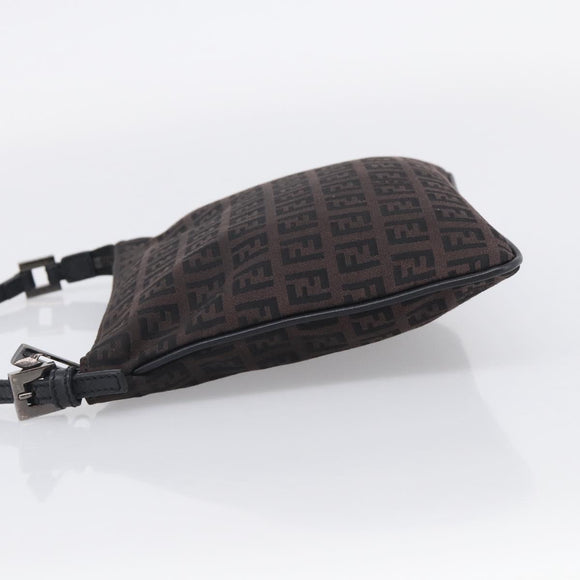FENDI Zucchino Canvas Shoulder Bag Dark Brown Silver Auth mr3155