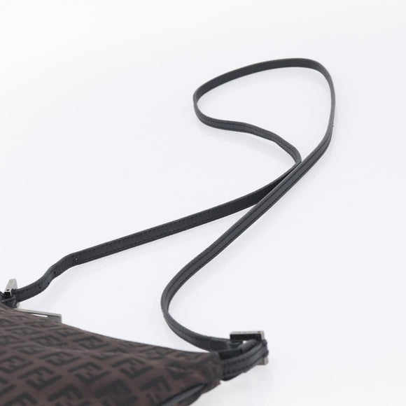FENDI Zucchino Canvas Shoulder Bag Dark Brown Silver Auth mr3155