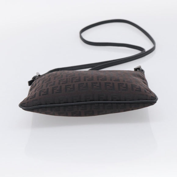 FENDI Zucchino Canvas Shoulder Bag Dark Brown Silver Auth mr3155