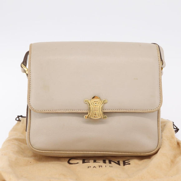 CELINE Shoulder Bag Leather Beige Gold Auth mr3163