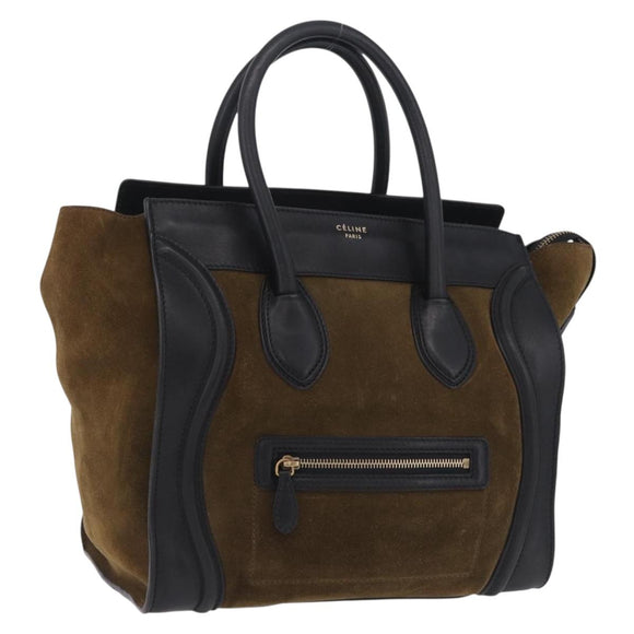 CELINE Luggage Medium Hand Bag Suede Leather Beige Gold black Auth mr3170A