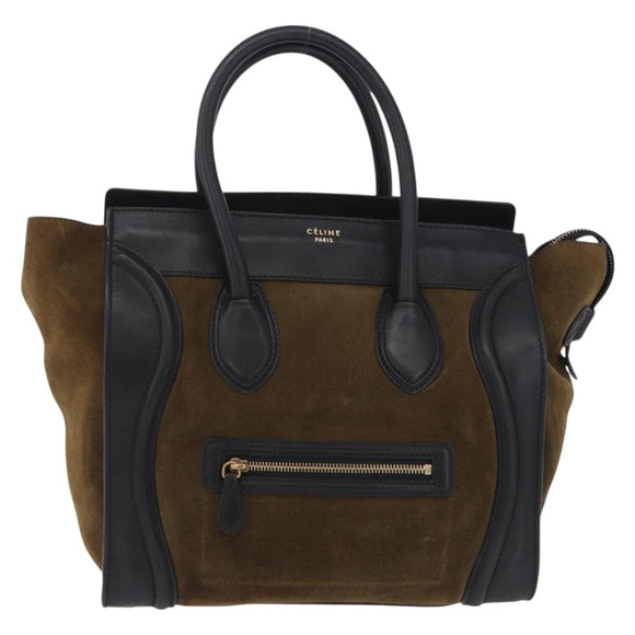 CELINE Luggage Medium Hand Bag Suede Leather Beige Gold black Auth mr3170A