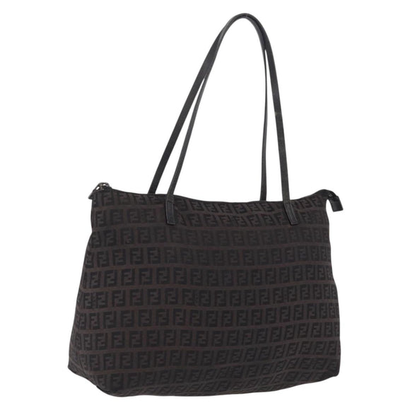 FENDI Zucchino Canvas Tote Bag Brown Silver Auth mr3171