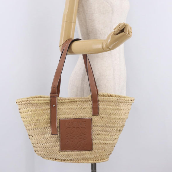 LOEWE Anagram Basket Bag Hand Bag straw Beige Auth mr3180V