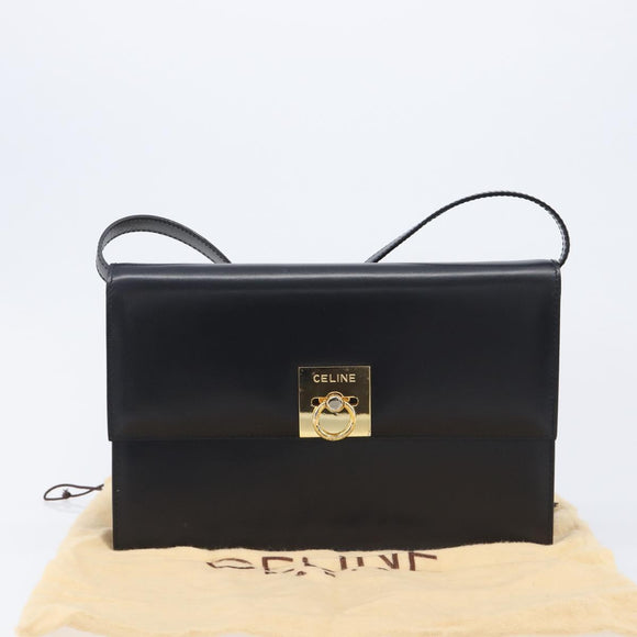 CELINE Shoulder Bag Leather Black Gold Auth mr3201A