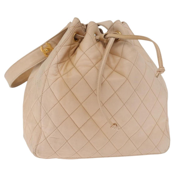 CHANEL Shoulder Bag Lamb Skin Beige Gold CC Auth mr3202