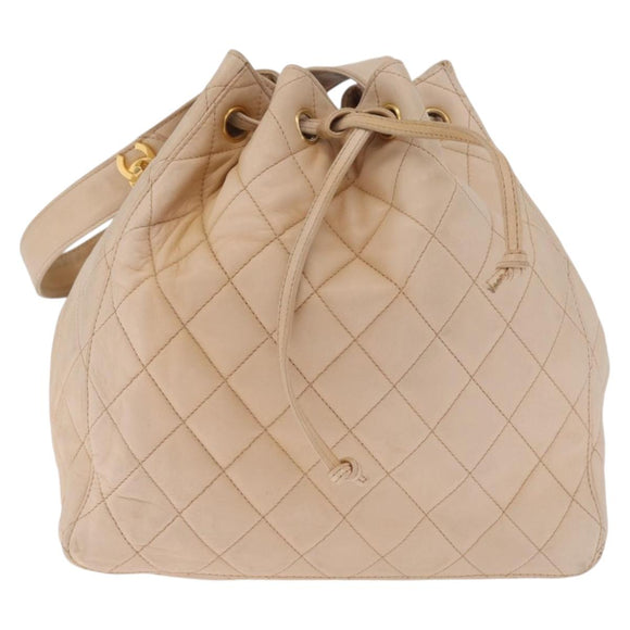CHANEL Shoulder Bag Lamb Skin Beige Gold CC Auth mr3202