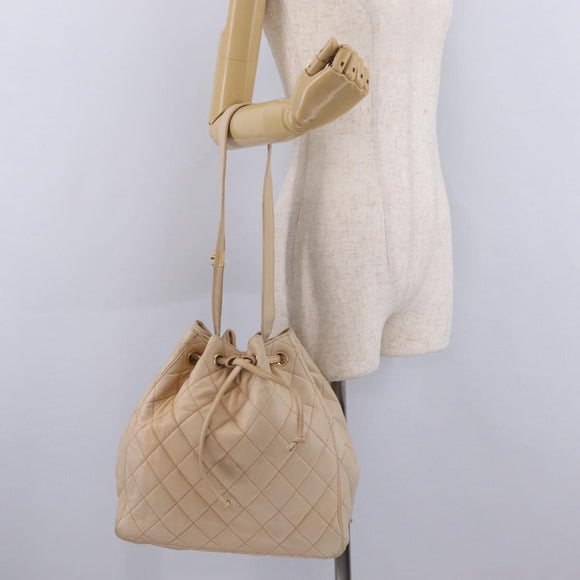 CHANEL Shoulder Bag Lamb Skin Beige Gold CC Auth mr3202