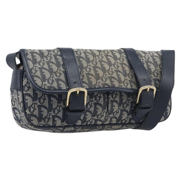 Christian Dior Trotter Canvas Shoulder Bag Navy Gold Auth mr3205A