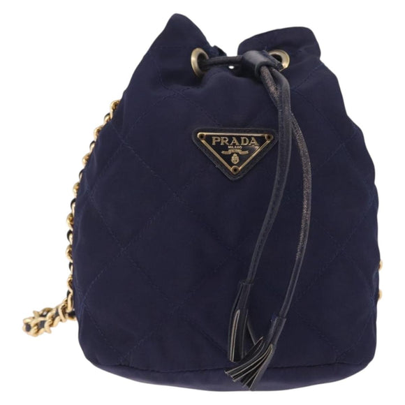PRADA Chain Shoulder Bag Nylon Navy Gold Auth mr3213