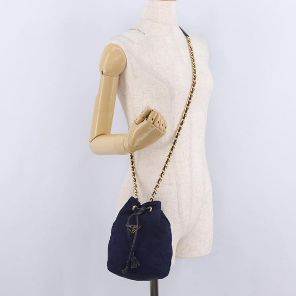 PRADA Chain Shoulder Bag Nylon Navy Gold Auth mr3213