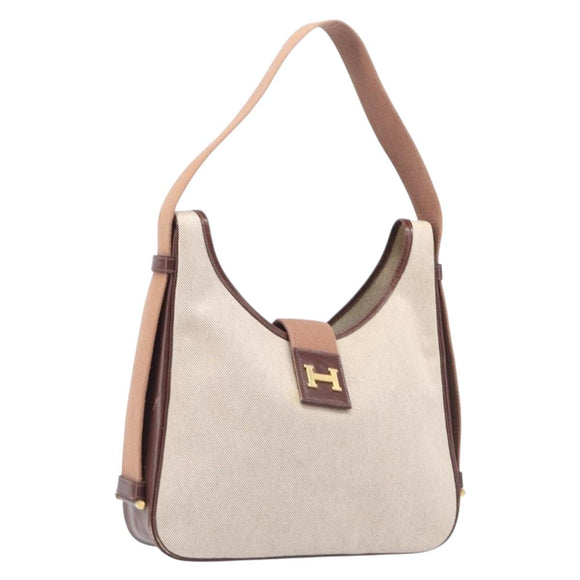 HERMES Sako Shoulder Bag Canvas Leather Beige Gold Auth mr3216V