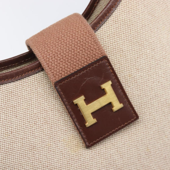 HERMES Sako Shoulder Bag Canvas Leather Beige Gold Auth mr3216V