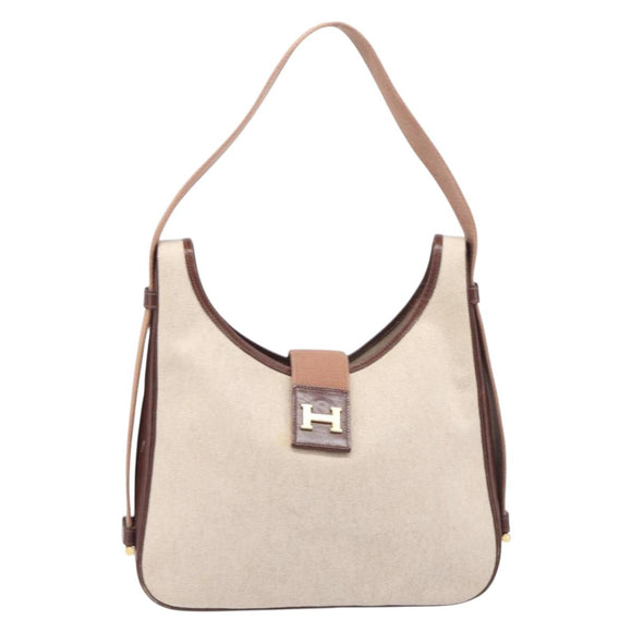 HERMES Sako Shoulder Bag Canvas Leather Beige Gold Auth mr3216V