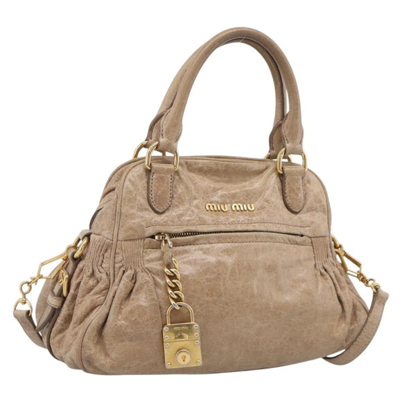 Miu Miu Hand Bag Leather 2way Beige Gold Auth mr3219A