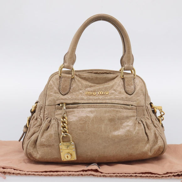 Miu Miu Hand Bag Leather 2way Beige Gold Auth mr3219A
