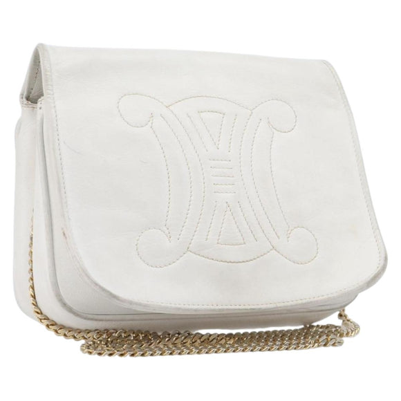 CELINE Chain Shoulder Bag Leather White Gold Auth mr3223