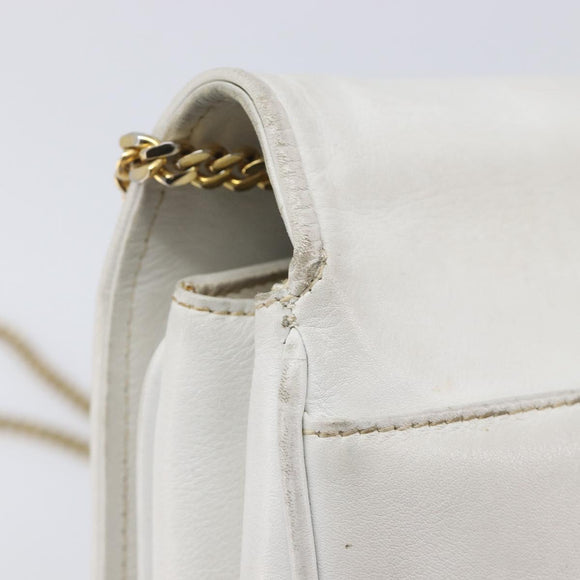 CELINE Chain Shoulder Bag Leather White Gold Auth mr3223