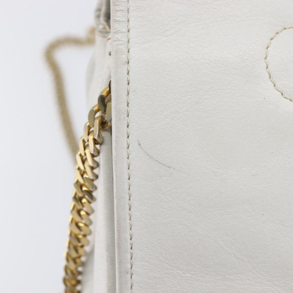 CELINE Chain Shoulder Bag Leather White Gold Auth mr3223